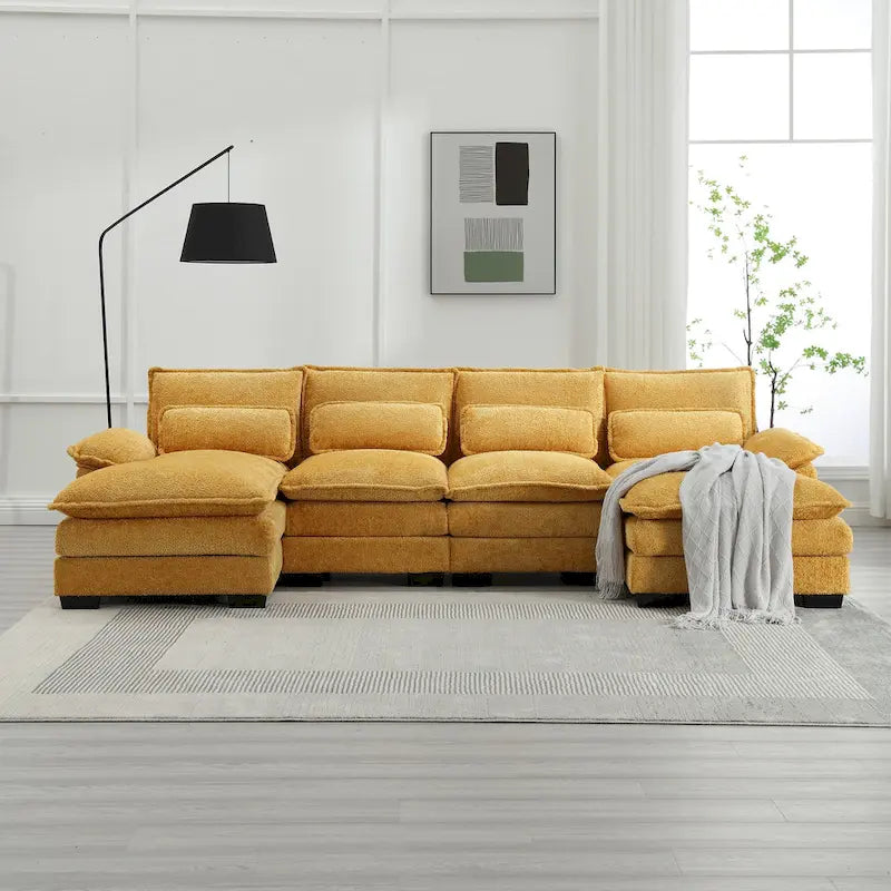 Modernes großes U-förmiges Sektionssofa aus Chenille-Stoff mit Ottomanen, umwandelbares Schlafsofa für Wohnzimmer