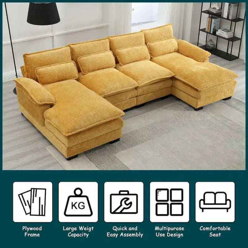 Modernes großes U-förmiges Sektionssofa aus Chenille-Stoff mit Ottomanen, umwandelbares Schlafsofa für Wohnzimmer