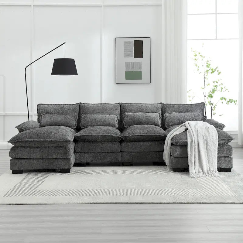 Modernes großes U-förmiges Sektionssofa aus Chenille-Stoff mit Ottomanen, umwandelbares Schlafsofa für Wohnzimmer