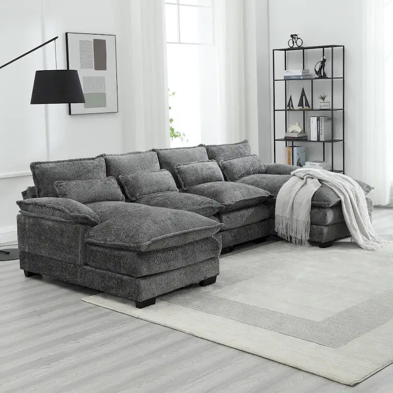 Modernes großes U-förmiges Sektionssofa aus Chenille-Stoff mit Ottomanen, umwandelbares Schlafsofa für Wohnzimmer