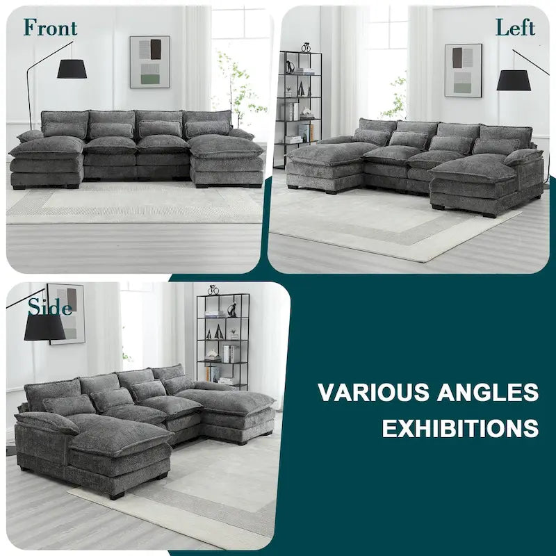 Modernes großes U-förmiges Sektionssofa aus Chenille-Stoff mit Ottomanen, umwandelbares Schlafsofa für Wohnzimmer