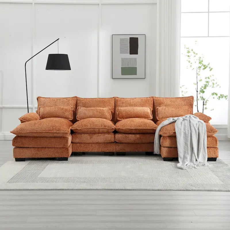 Modernes großes U-förmiges Sektionssofa aus Chenille-Stoff mit Ottomanen, umwandelbares Schlafsofa für Wohnzimmer