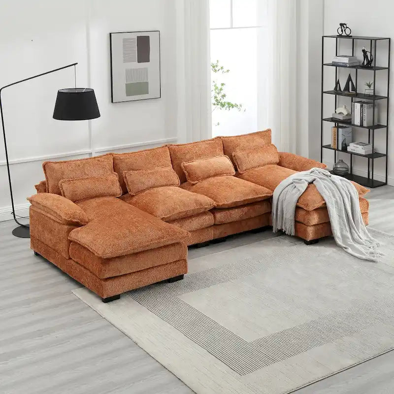 Modernes großes U-förmiges Sektionssofa aus Chenille-Stoff mit Ottomanen, umwandelbares Schlafsofa für Wohnzimmer