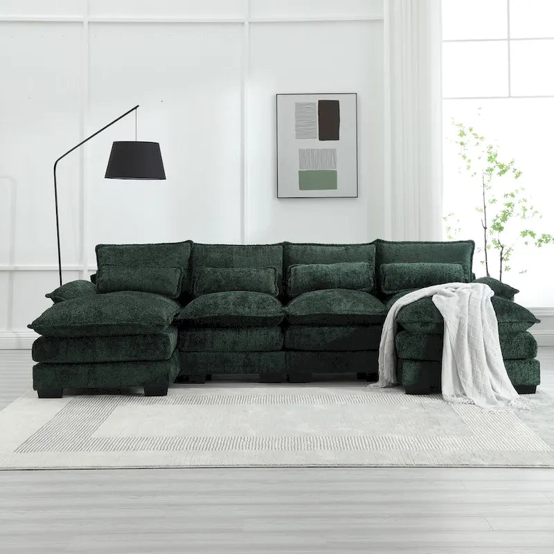 Modernes großes U-förmiges Sektionssofa aus Chenille-Stoff mit Ottomanen, umwandelbares Schlafsofa für Wohnzimmer
