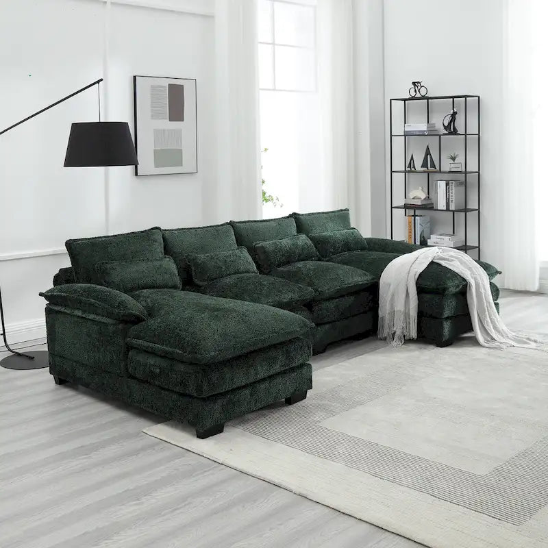 Modernes großes U-förmiges Sektionssofa aus Chenille-Stoff mit Ottomanen, umwandelbares Schlafsofa für Wohnzimmer