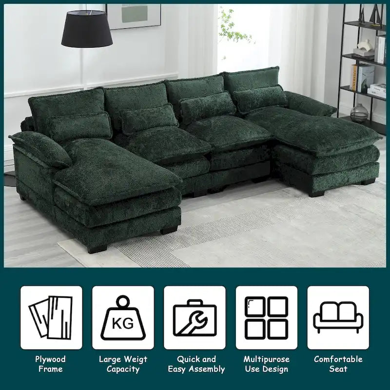 Modernes großes U-förmiges Sektionssofa aus Chenille-Stoff mit Ottomanen, umwandelbares Schlafsofa für Wohnzimmer