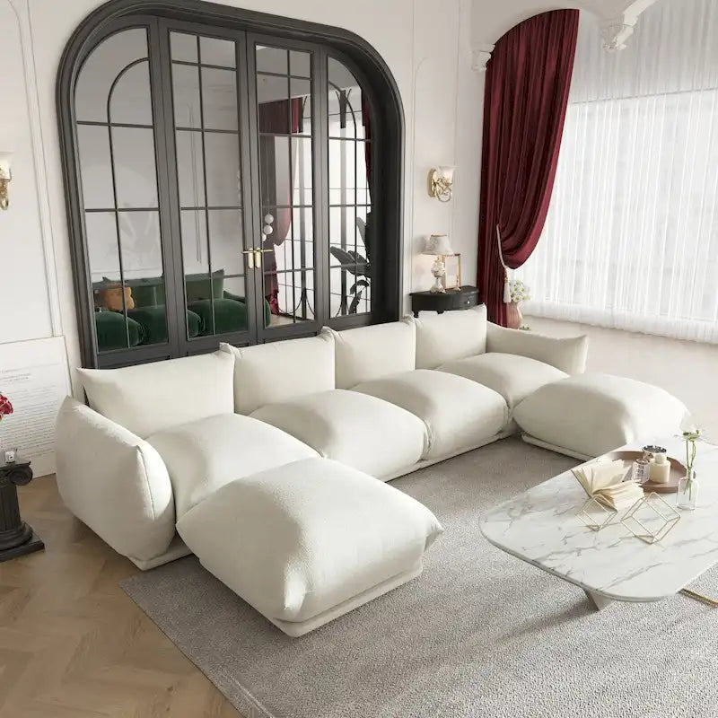130 U-förmiges Sektionalsofa, minimalistisches Chenille-Modulsofa, 6-Sitzer mit wendbarer Chaiselongue und Ottomane