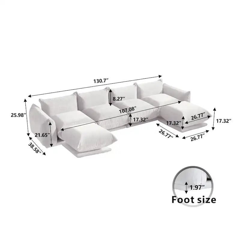 130 U-förmiges Sektionalsofa, minimalistisches Chenille-Modulsofa, 6-Sitzer mit wendbarer Chaiselongue und Ottomane