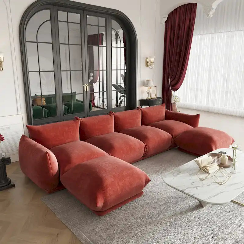 130 U-förmiges Sektionalsofa, minimalistisches Chenille-Modulsofa, 6-Sitzer mit wendbarer Chaiselongue und Ottomane