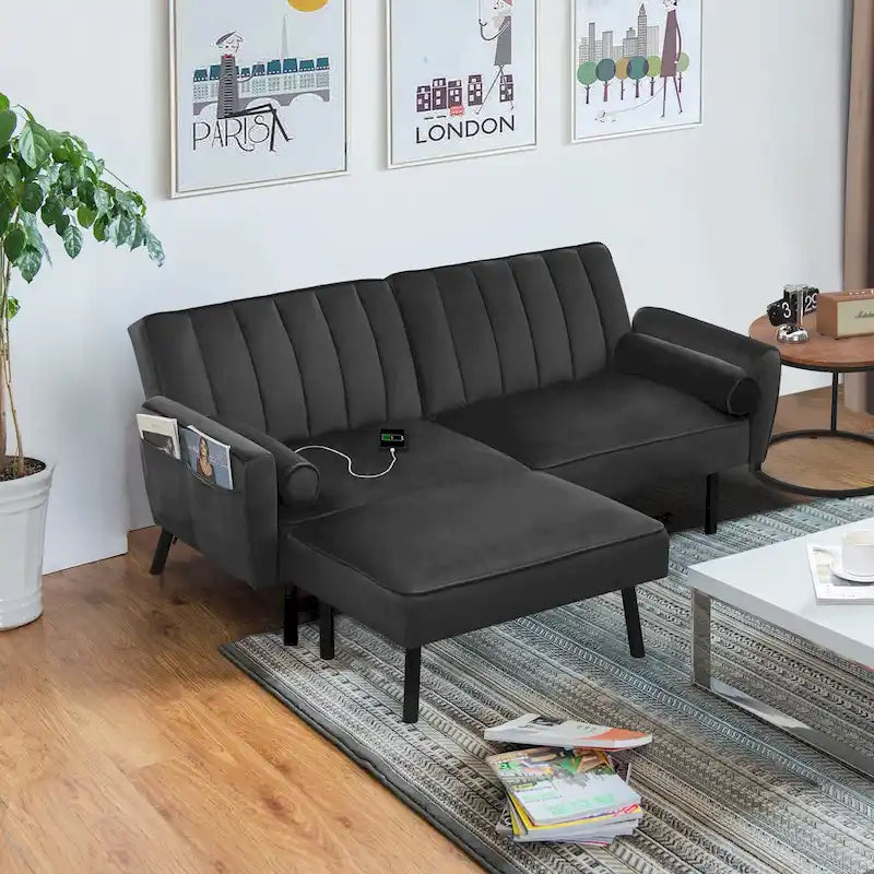 L-förmiges Samt-Ecksofa, umwandelbares Futon-Schlafsofa mit geteiltem Rückenlehnen-Design, Recamiere für kompaktes Wohnen – 2-Personen