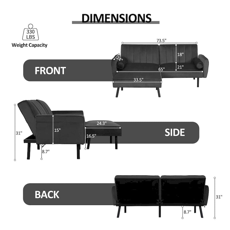 L-förmiges Samt-Ecksofa, umwandelbares Futon-Schlafsofa mit geteiltem Rückenlehnen-Design, Recamiere für kompaktes Wohnen – 2-Personen