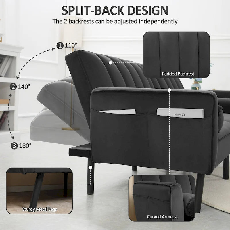 L-förmiges Samt-Ecksofa, umwandelbares Futon-Schlafsofa mit geteiltem Rückenlehnen-Design, Recamiere für kompaktes Wohnen – 2-Personen