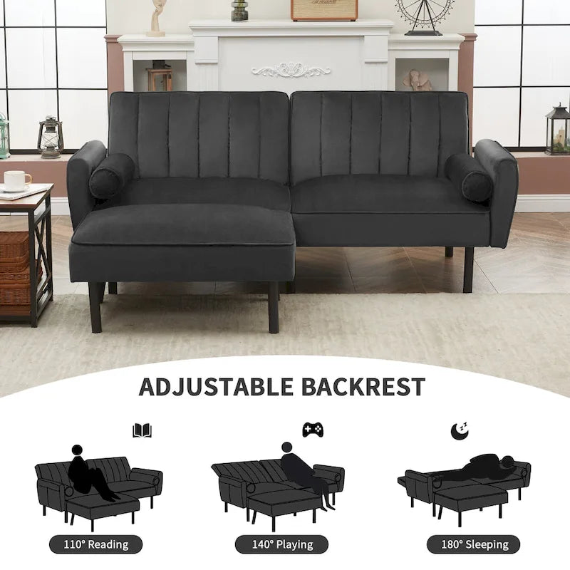 L-förmiges Samt-Ecksofa, umwandelbares Futon-Schlafsofa mit geteiltem Rückenlehnen-Design, Recamiere für kompaktes Wohnen – 2-Personen