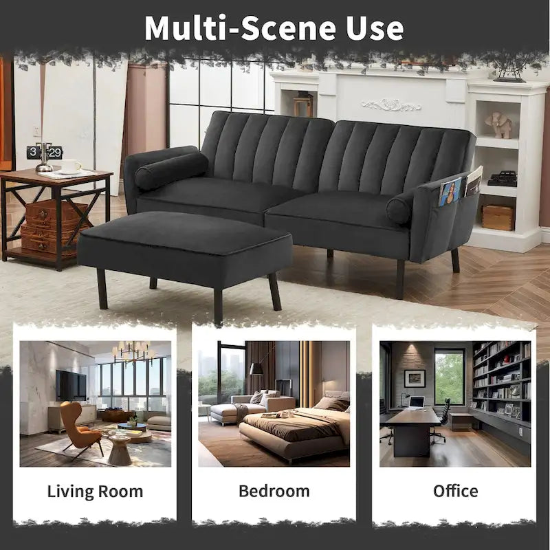 L-förmiges Samt-Ecksofa, umwandelbares Futon-Schlafsofa mit geteiltem Rückenlehnen-Design, Recamiere für kompaktes Wohnen – 2-Personen