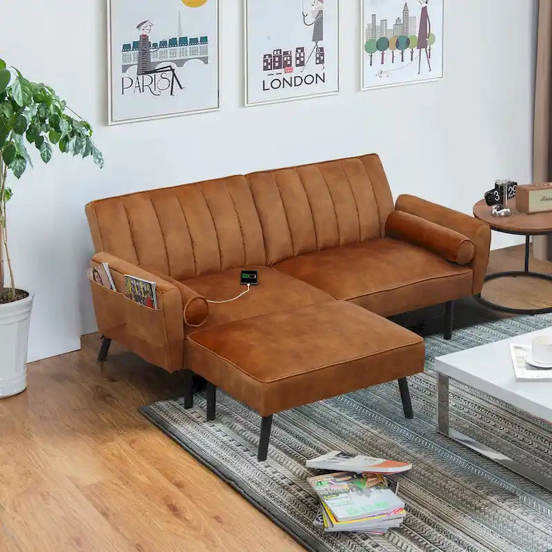 L-förmiges Samt-Ecksofa, umwandelbares Futon-Schlafsofa mit geteiltem Rückenlehnen-Design, Recamiere für kompaktes Wohnen – 2-Personen