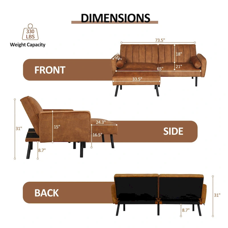 L-förmiges Samt-Ecksofa, umwandelbares Futon-Schlafsofa mit geteiltem Rückenlehnen-Design, Recamiere für kompaktes Wohnen – 2-Personen