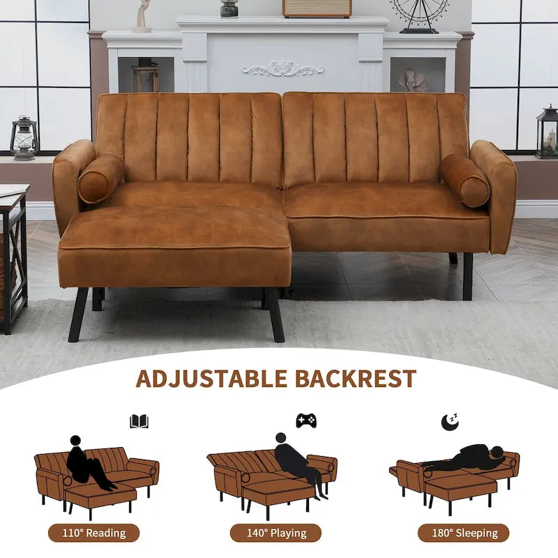 L-förmiges Samt-Ecksofa, umwandelbares Futon-Schlafsofa mit geteiltem Rückenlehnen-Design, Recamiere für kompaktes Wohnen – 2-Personen
