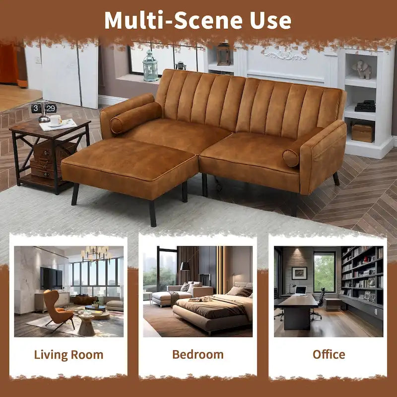 L-förmiges Samt-Ecksofa, umwandelbares Futon-Schlafsofa mit geteiltem Rückenlehnen-Design, Recamiere für kompaktes Wohnen – 2-Personen