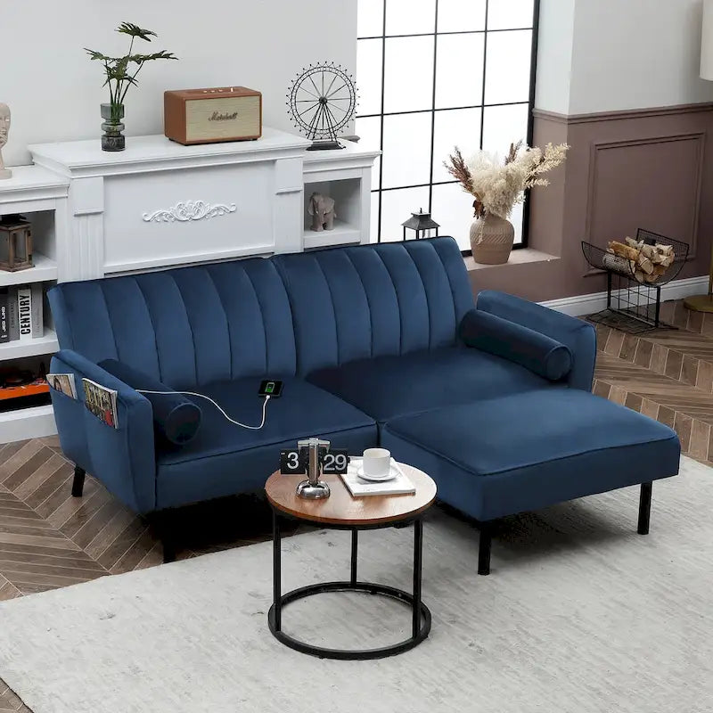 L-förmiges Samt-Ecksofa, umwandelbares Futon-Schlafsofa mit geteiltem Rückenlehnen-Design, Recamiere für kompaktes Wohnen – 2-Personen
