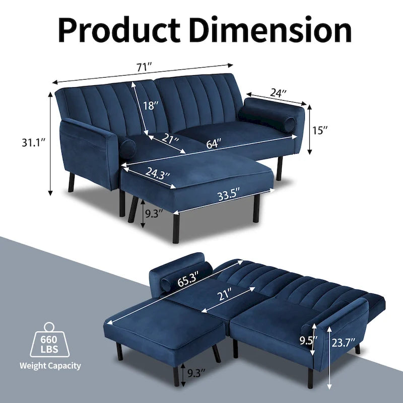 L-förmiges Samt-Ecksofa, umwandelbares Futon-Schlafsofa mit geteiltem Rückenlehnen-Design, Recamiere für kompaktes Wohnen – 2-Personen