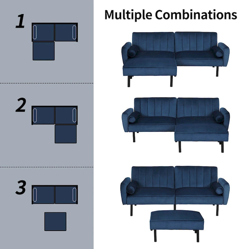 L-förmiges Samt-Ecksofa, umwandelbares Futon-Schlafsofa mit geteiltem Rückenlehnen-Design, Recamiere für kompaktes Wohnen – 2-Personen