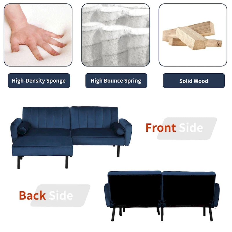 L-förmiges Samt-Ecksofa, umwandelbares Futon-Schlafsofa mit geteiltem Rückenlehnen-Design, Recamiere für kompaktes Wohnen – 2-Personen