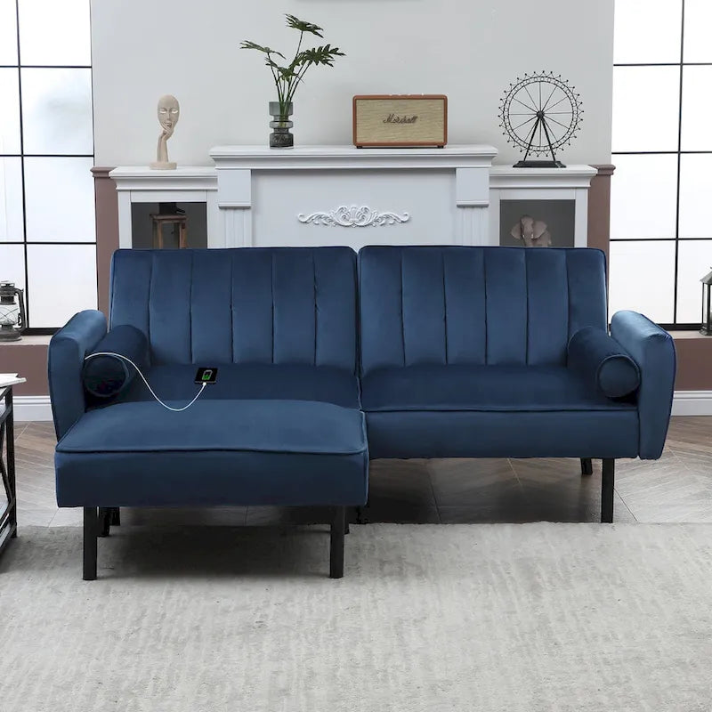 L-förmiges Samt-Ecksofa, umwandelbares Futon-Schlafsofa mit geteiltem Rückenlehnen-Design, Recamiere für kompaktes Wohnen – 2-Personen