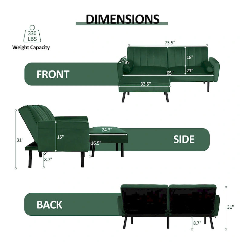 L-förmiges Samt-Ecksofa, umwandelbares Futon-Schlafsofa mit geteiltem Rückenlehnen-Design, Recamiere für kompaktes Wohnen – 2-Personen