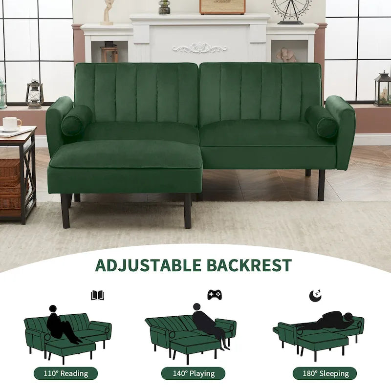 L-förmiges Samt-Ecksofa, umwandelbares Futon-Schlafsofa mit geteiltem Rückenlehnen-Design, Recamiere für kompaktes Wohnen – 2-Personen