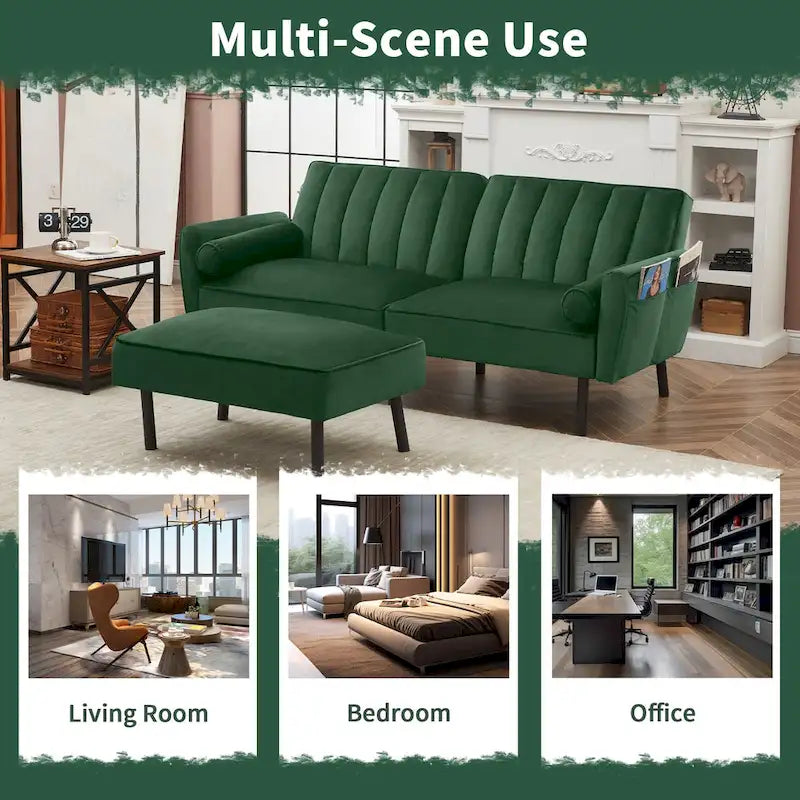 L-förmiges Samt-Ecksofa, umwandelbares Futon-Schlafsofa mit geteiltem Rückenlehnen-Design, Recamiere für kompaktes Wohnen – 2-Personen