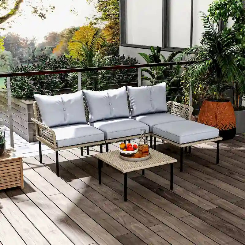 Outsunny 5-teiliges Terrassenmöbel-Set, Outdoor-Gesprächsgruppe mit L-förmigem Sofa, Kissen, für Garten, Rasen und Pool