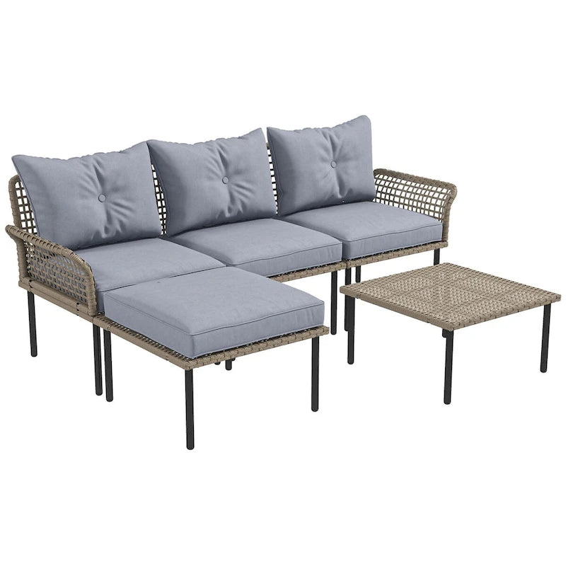 Outsunny 5-teiliges Terrassenmöbel-Set, Outdoor-Gesprächsgruppe mit L-förmigem Sofa, Kissen, für Garten, Rasen und Pool