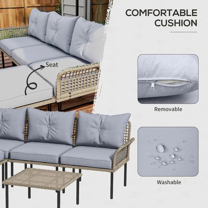 Outsunny 5-teiliges Terrassenmöbel-Set, Outdoor-Gesprächsgruppe mit L-förmigem Sofa, Kissen, für Garten, Rasen und Pool