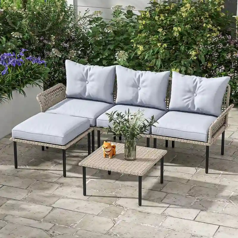 Outsunny 5-teiliges Terrassenmöbel-Set, Outdoor-Gesprächsgruppe mit L-förmigem Sofa, Kissen, für Garten, Rasen und Pool
