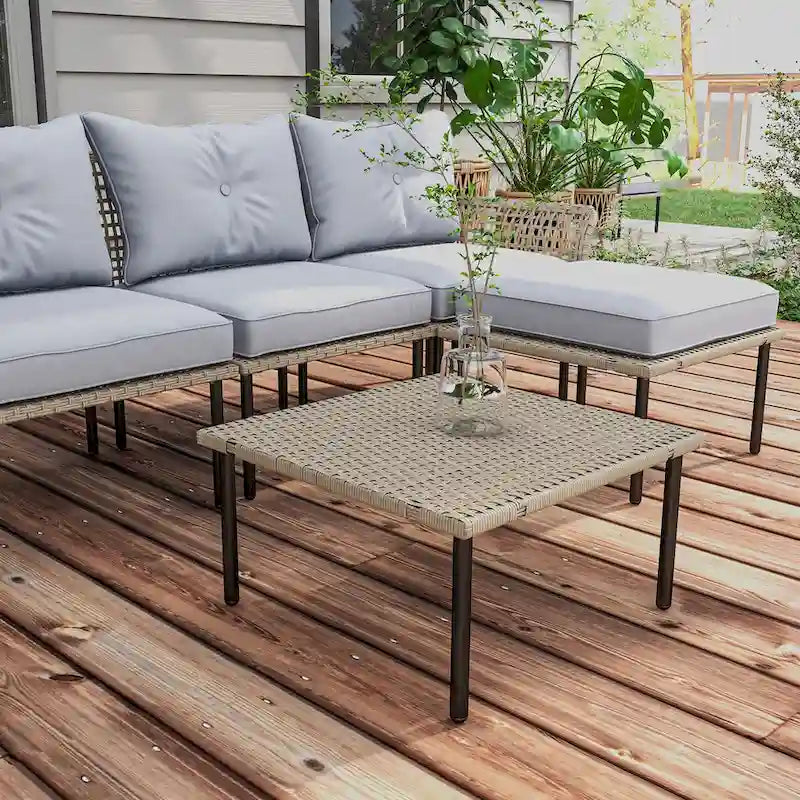 Outsunny 5-teiliges Terrassenmöbel-Set, Outdoor-Gesprächsgruppe mit L-förmigem Sofa, Kissen, für Garten, Rasen und Pool