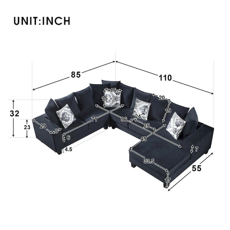 Modernes U-förmiges Ecksofa, Samt-Eckcouch mit vielen Kissen inklusive