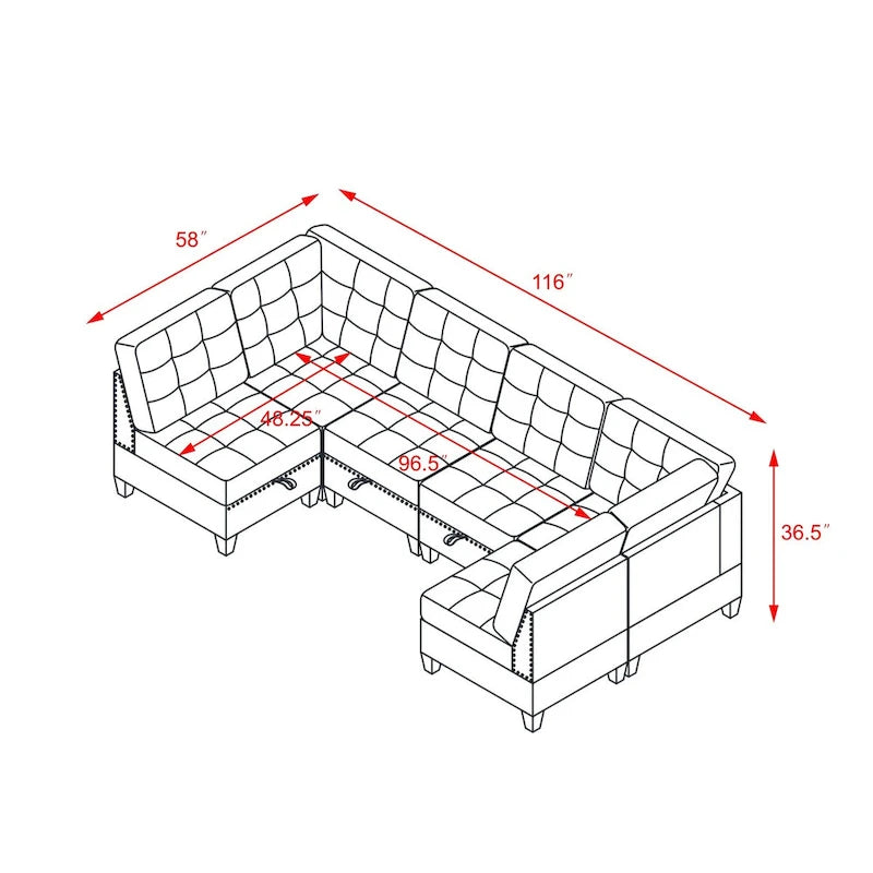 Graues Chenille 6-teiliges modulares Sektionssofa mit verstecktem Stauraum