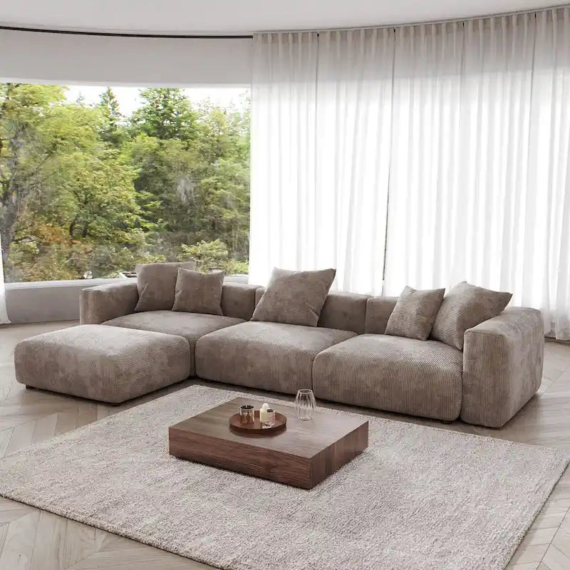 4-teiliges L-förmiges Ecksofa, Kordstoffbezug mit Ottoman