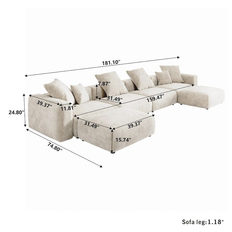 U-förmiges, luxuriöses modulares Ecksofa mit Recamiere und Ottoman/Hocker