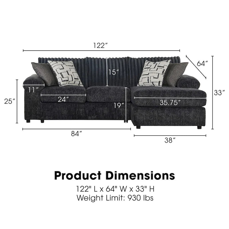 New Classic Furniture Luna Anthrazitgraues Ecksofa mit Recamiere rechts, Hergestellt in den USA