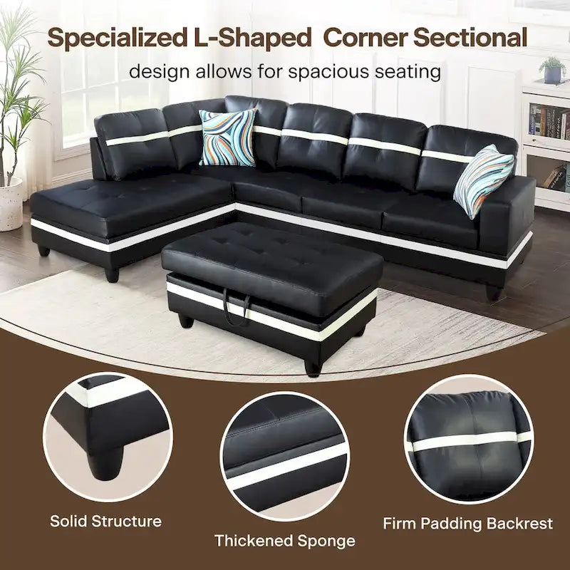 L-förmiges Sofa-Set aus PU-Leder für das Wohnzimmer mit Ottomane, 3-teilig
