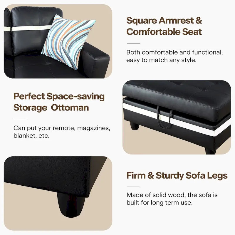 L-förmiges Sofa-Set aus PU-Leder für das Wohnzimmer mit Ottomane, 3-teilig