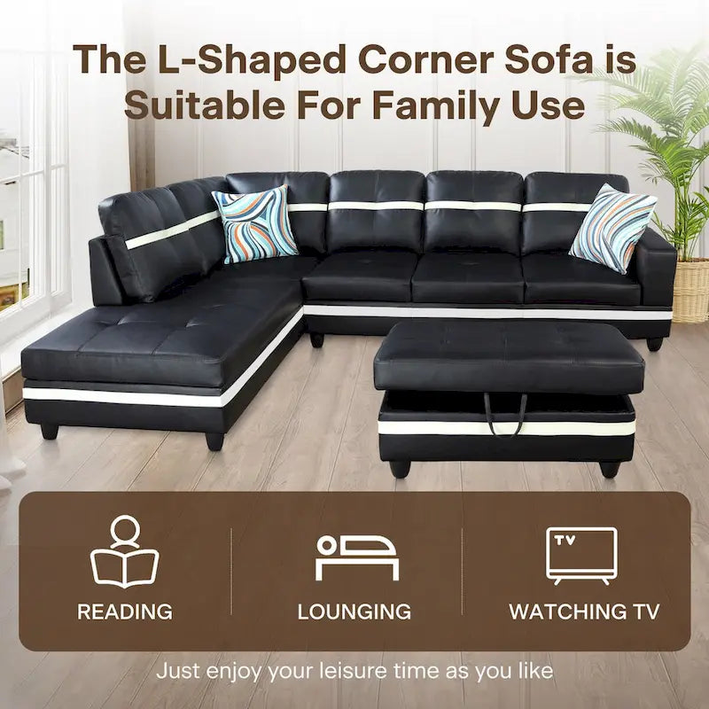 L-förmiges Sofa-Set aus PU-Leder für das Wohnzimmer mit Ottomane, 3-teilig