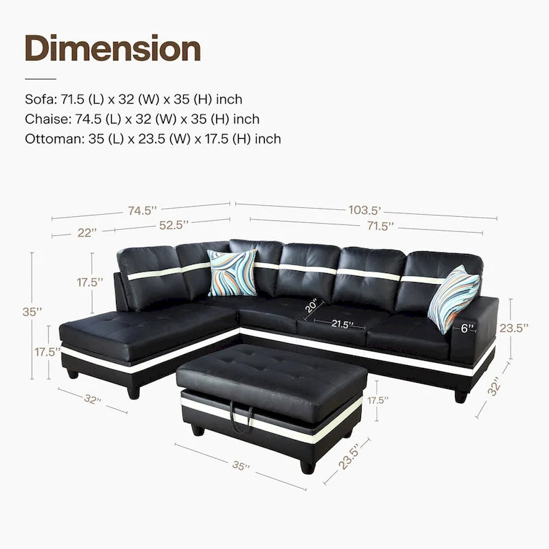 L-förmiges Sofa-Set aus PU-Leder für das Wohnzimmer mit Ottomane, 3-teilig