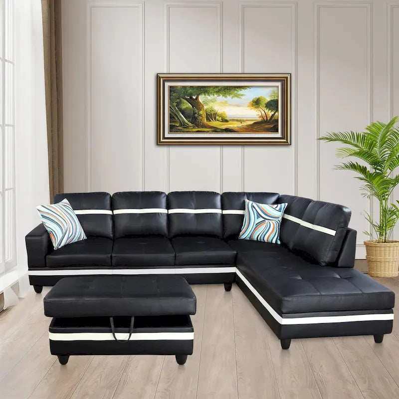 L-förmiges Sofa-Set aus PU-Leder für das Wohnzimmer mit Ottomane, 3-teilig