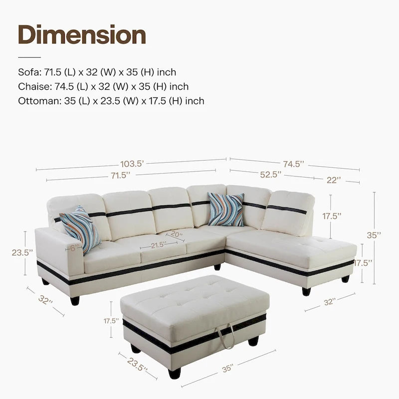 L-förmiges Sofa-Set aus PU-Leder für das Wohnzimmer mit Ottomane, 3-teilig