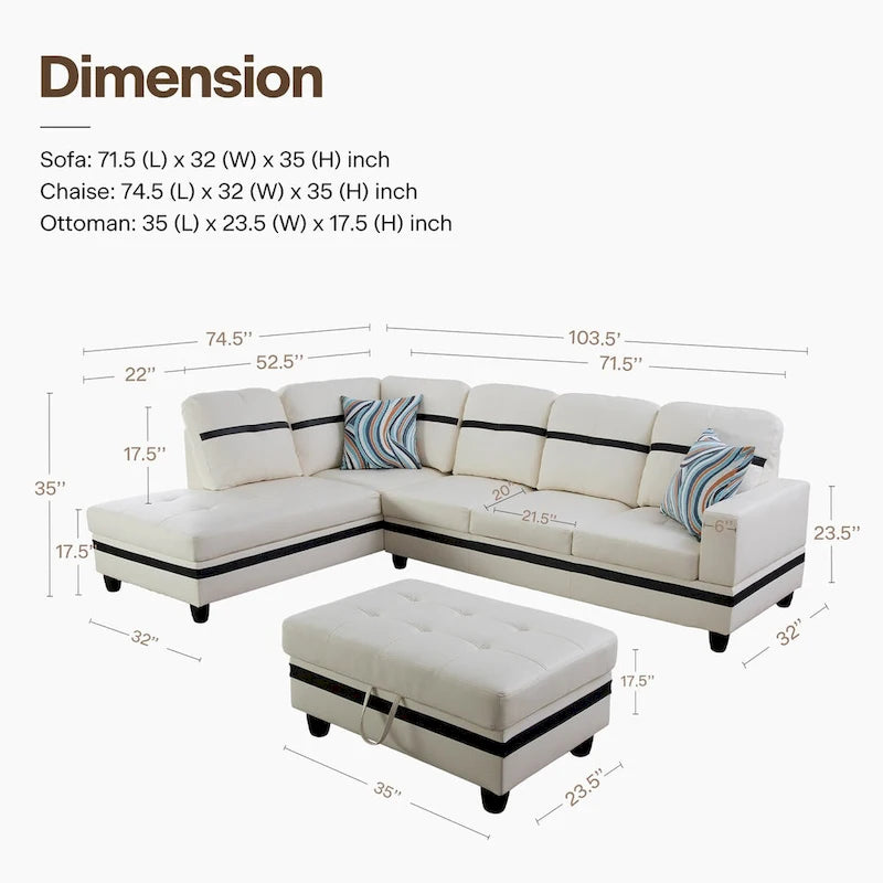 L-förmiges Sofa-Set aus PU-Leder für das Wohnzimmer mit Ottomane, 3-teilig