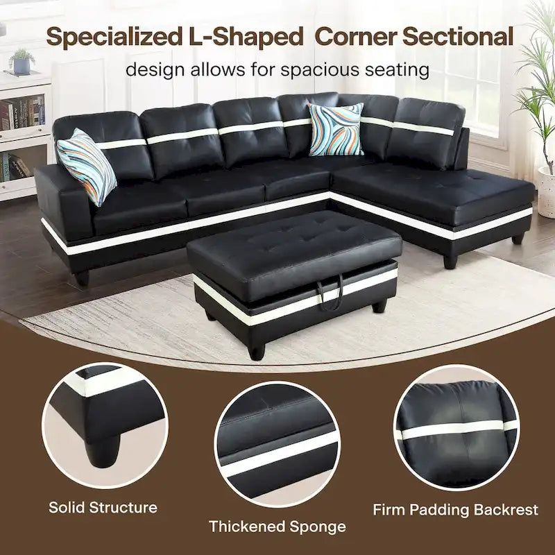L-förmiges Sofa-Set aus PU-Leder für das Wohnzimmer mit Ottomane, 3-teilig