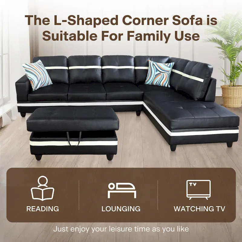 L-förmiges Sofa-Set aus PU-Leder für das Wohnzimmer mit Ottomane, 3-teilig