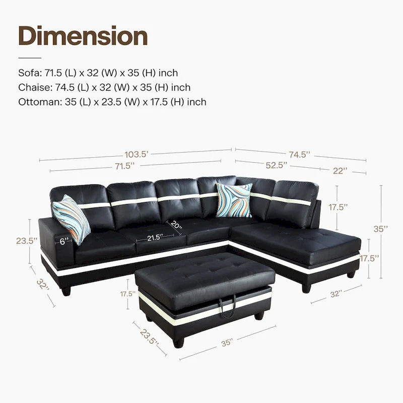 L-förmiges Sofa-Set aus PU-Leder für das Wohnzimmer mit Ottomane, 3-teilig